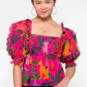 NWOT Farm Rio Pop Leopards Short Puff Sleeves Ruffles Pink Blouse Size XS $160